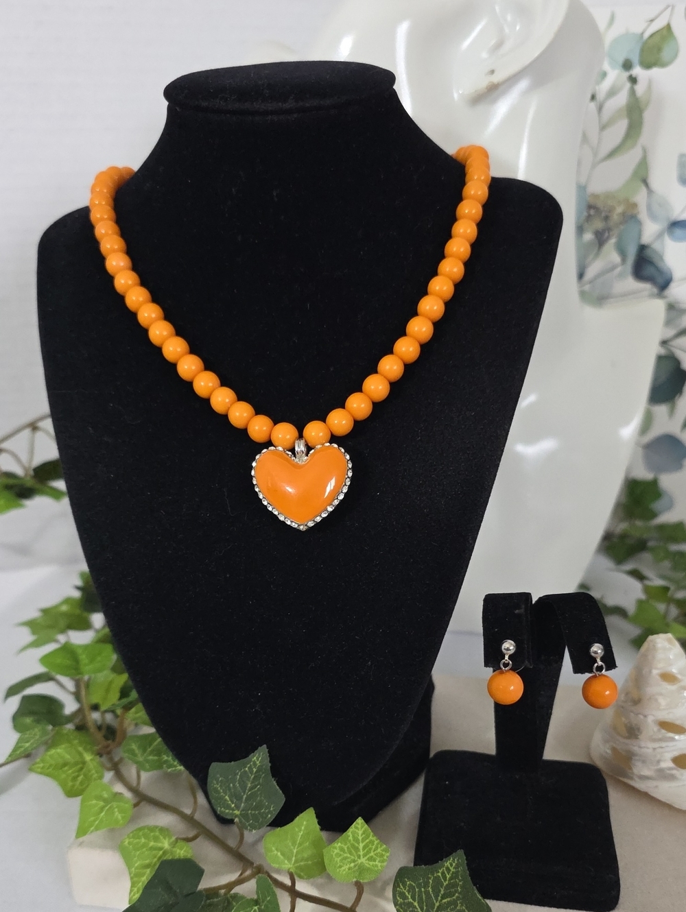 Orange Bead Necklace With Heart Pendant And Earrings Set